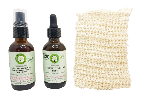 Bundle #1 I LOVE YOU Blessed Nativa Anti aging serum 2 oz + Island Bliss Repairing body oil 4 oz + FREE Sisal exfoliating soap bag - Yocahu Organic Skin Care